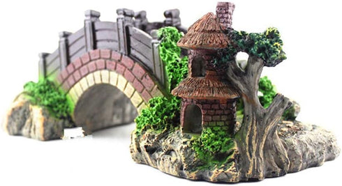 Saim Pavilion Tree Fish Tank Decoration, Resin Arch Bridge Pavilion Tree Aquarium Garden Decor Fish Tank Landscape Ornament,Medium...