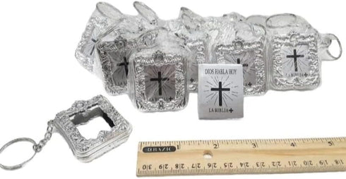 CL Gift 12 x Mini Bible Keychain English Spanish Gold Silver Holy Bible Religious Favor/Baptism Favor/First Communions, Baptism, Wedding Shower (S...