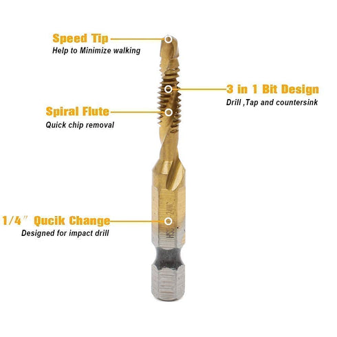 AUTOTOOLHOME 6 Pack Titanium Combination Drill Tap Bit Set Screw Tapping SAE 6-32NC 8-32NC 10-24NC 10-32NC 12-24NC 1/4-20NC...