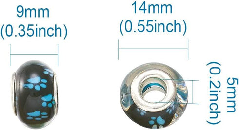 Cheriswelry 100pcs Large Hole Dog Paw Prints Pattern Acrylic European Rondelle Beads Slide Charms Loose Spacer with Metal Double Cores Fit Snake C...