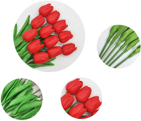 Artificial Tulips 10Pcs Real Touch Fake Tulips PU Flower Arrangement Bouquets for Home Party Decoration (Red)...