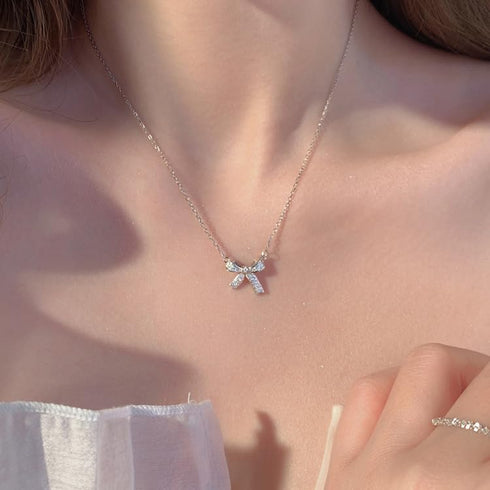 silver bow necklace, Women's bow collarbone chain, Bow necklaces for women, Bow pendant necklaces, sparkling fine rhinestone necklaces, Necklace J...