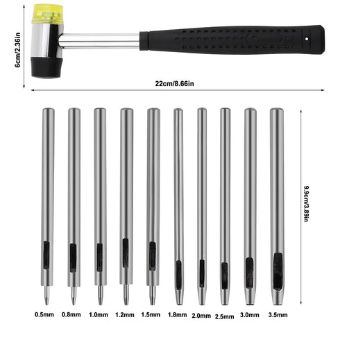 10 Pcs Leather Hole Punch Tool Set, 0.5mm-3.5mm Round Hole Punch Working Tools with Double Head Plastic and Rubber Hammer for Leather Belts, Canva...