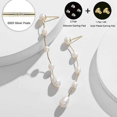 Irregular Freshwater Cultured Pearls Long Drop & Dangle Earrings 14K Gold Plated Pearl Tassel for Women (5 PEARLS)...