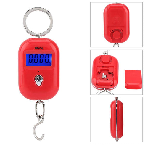 Mini Electronic Scale, Fish Weighing Scales Red Portable 25Kg/5G Hanging Scale Digital Pocket Key Chain Weight Hook Kitchen Food Weight Gauge Meas...