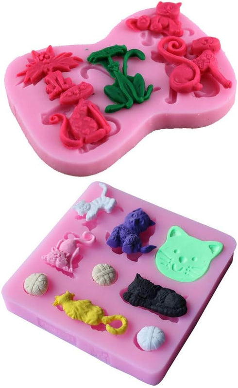 2Pcs/Set Little Cat Shape Silicone Fondant Mold KItty Kitten Chocolate Candy Gumpaste Mould Cupcake Cake Decorating Tools Polymer Clay Resin Mold...