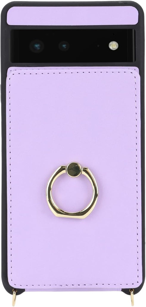 for Google Pixel 6 Case with Card Holder and Strap for Women,Crossbody Lanyard,Ring Stand,Snap Clasp,Phone Wallet Cases 6.4 inch(Purple)......