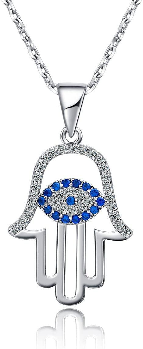 Evil Eye Hamsa Hand Necklace 14k Gold Plated Third Eye White Blue Cz Womens Pendant Necklace...