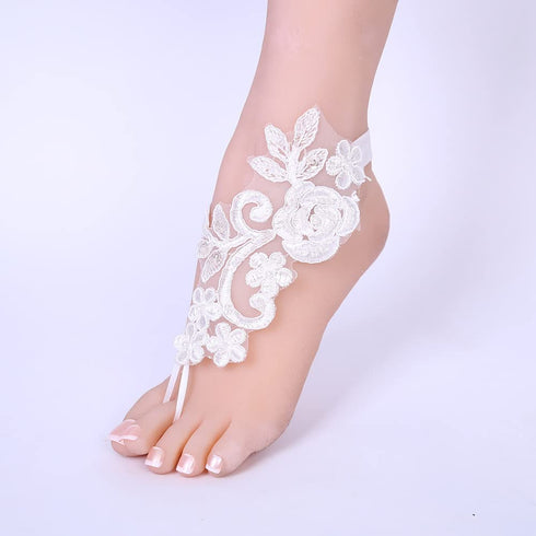 Sither Foot Lace for Beach Wedding Barefoot Sandals White Lace Anklet for Bride Barefoot Flower Lace for Women Foot Anklet Jewelry On Summer Beach...