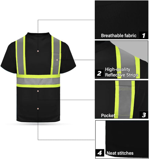 HYCOPROT High Vis Reflective T Shirt Short Sleeve Safety Mesh Quick Dry Shirts (Black, Large)...