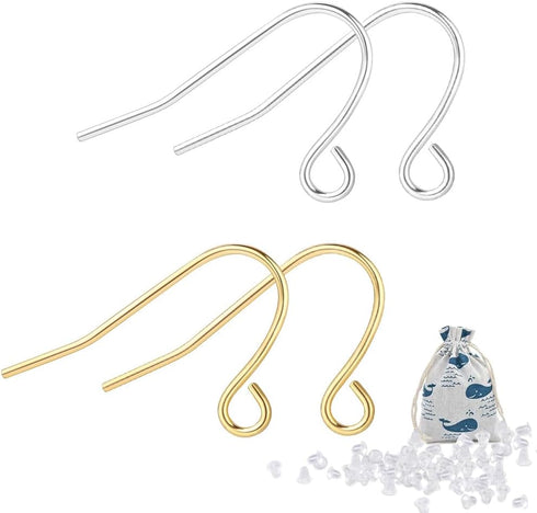 925 Sterling Earring Hooks 200PCS Silver+14K Gold Jewelry Making Supplies Hypoallergenic Ear Wires Fish Hook Earring Findings with 200PCS Clear Ru...