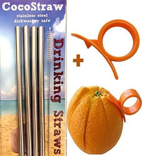 4 Stainless Steel Wide Smoothie Straws + Cleaning Brush + Citrus Peeler - CocoStraw Large Straight Frozen Drink Straw...