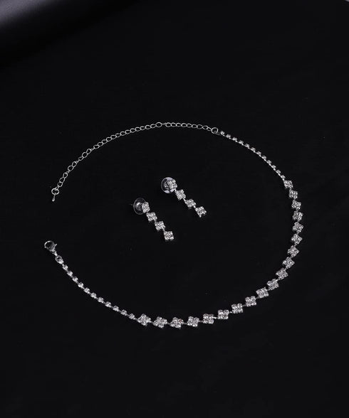 Bridal Necklace Earrings Set Crystal Necklace Rhinestone Dangle Earrings Set for Bride Bridesmaid Silver Square Pendant Necklace Earrings Set Wedd...