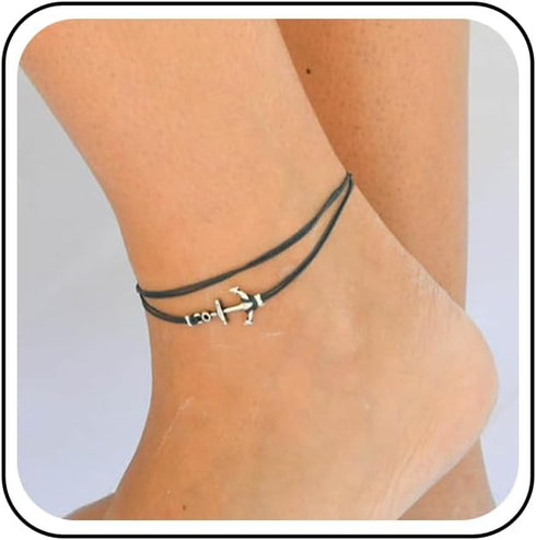 Boho Layered Leather Anchor Anklet Bracelet Black Leather Cord Ankle Bracelets Black Rope Anklets Black String Anklets Foot Chain Jewelry for Wome...