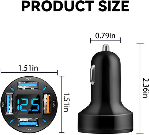 4 Ports USB Car Charger, 66W Super Fast Charging USB QC 3.0, USB Adapter Charger with LED Voltmeter for Car Cigarette Lighter Plug, Compatible wit...