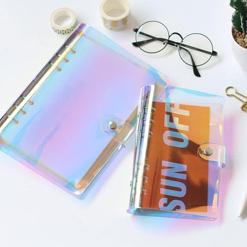 1 Piece Rainbow Clear Notebook Binders 6-Ring Planner Binder Soft PVC Binder Transparent Loose Leaf Personal Planner with Snap Button Closure Roun...