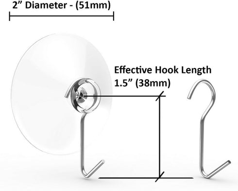 Suction Cup Hooks, Set of 6, 2" Clear Heavy Duty Cups W/Stainless Hook, Best for Shower, Bathroom, Kitchen, & Windows - Super Strong Pads Makes Th...