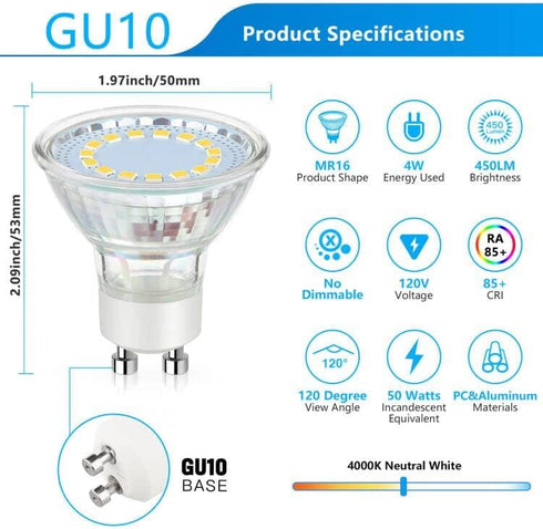 GU10 LED Light Bulbs, 50 Watt Halogen Equivalent, 4000K Neutral White Non-Dimmable 450LM 4W Replacement for Recessed Track Lighting, 5-Pack...