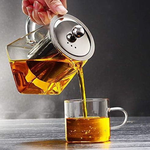 Glass Teapot with Stainless Steel Infuser & Lid, Borosilicate Glass Tea Kettle Stovetop Safe, Blooming & Loose Leaf Teapot,Glass Square Pot (350ML...