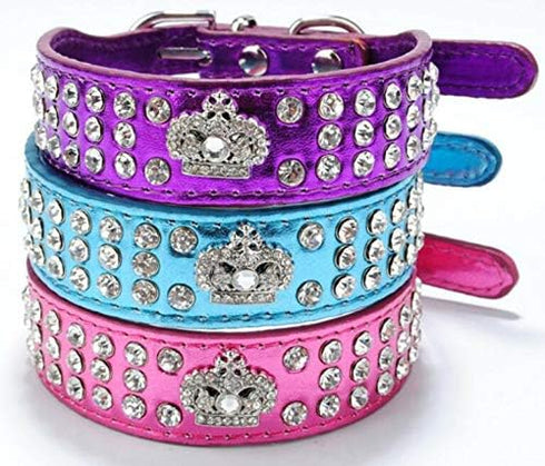 Rhinestone Dog Collar, Crown Rhinestone Diamante Jewelry Crystal Adjustable PU Leather Pet Dog Cat Puppy Collar (S:8-10.5", Purple)...