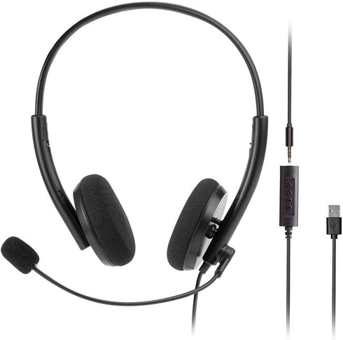 Monoprice WFH 3.5mm + USB Wired Back to Basics Web Meeting Headset - Lightweight, with Adjustable Mic and USB Inline Controller, for Virtual Meeti...