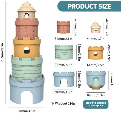Silicone Stacking Castle Toy, Soft Teether Toy, Montessori Educational Toy for Babies and Toddlers, 6+ Months, BPA Free, 5 Piece Set...