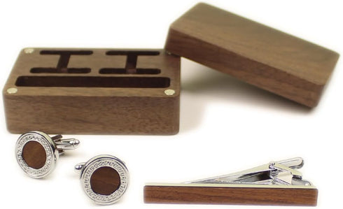 Rustic Black Walnut Wooden Round Cufflinks Tie Clips With Organizer Box for Men...