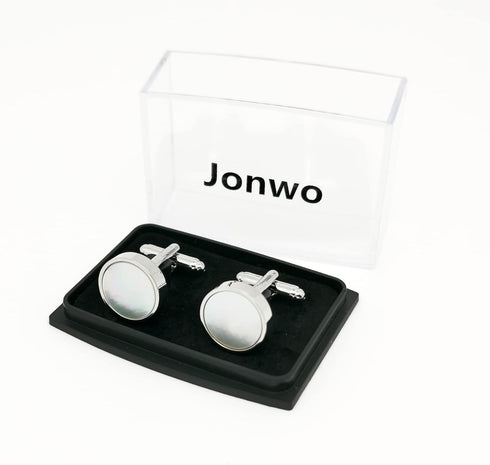 Mother of Pearl Silver Cufflinks for Men in Gift Box Round Handmade Cuff Links for Business Wedding Anniversary French Cuff Shirt...