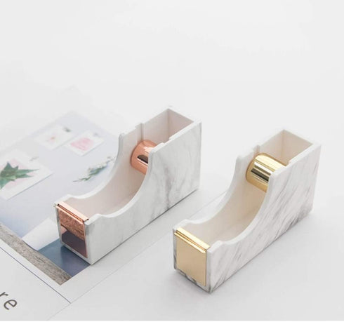 Multibey Acrylic 1 Inch Core Desktop Adhesive Tape Dispenser Cutter with Tape Marble Office School Gift Idea (Marble Printed-Gold)...