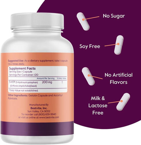 BESTVITE 5-HTP 200mg per Capsule (120 Capsules) - No Stearates - No Flow Agents - Gluten Free - Non GMO...