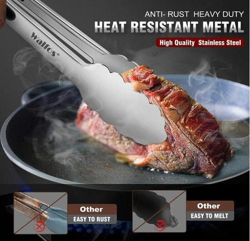 Walfos Stainless Steel Kitchen Tongs for Cooking, BBQ - 7 ?9, 12 and 14 Inch,Set of 4 Heavy Duty Locking Metal Food Tongs Non-Slip Grip...