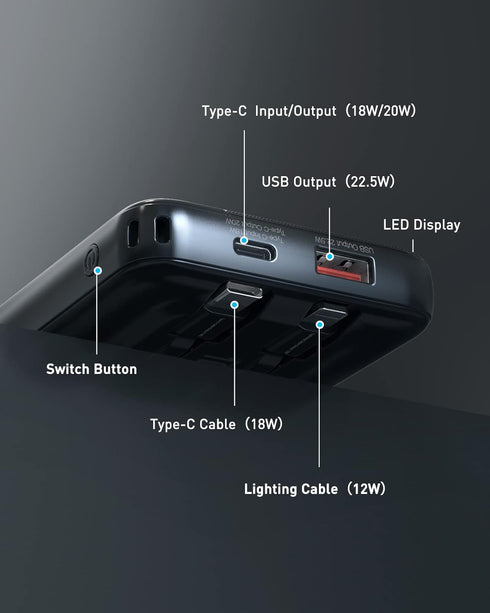 Portable Charger with Built in Cords, Ultra-Compact 22.5W PD & QC 3.0 Fast Charging 10000mAh USB C Power Bank,Small LED Display Phone Battery Pack...