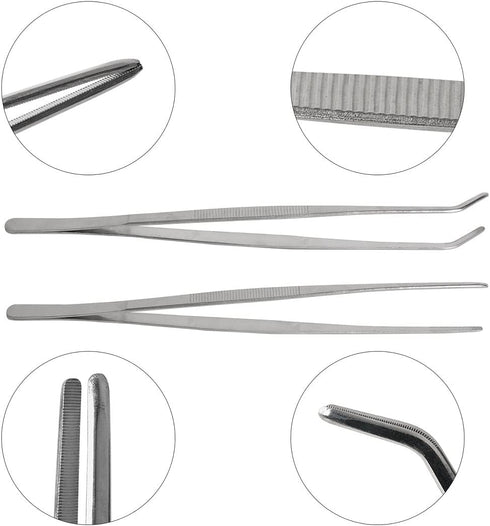 2 Pcs 12 Inch Silver Long Handle Stainless Steel Straight and Curved Tweezers Nippers, Set with Serrated Tips Comfortable Ridged Handle for Garden...