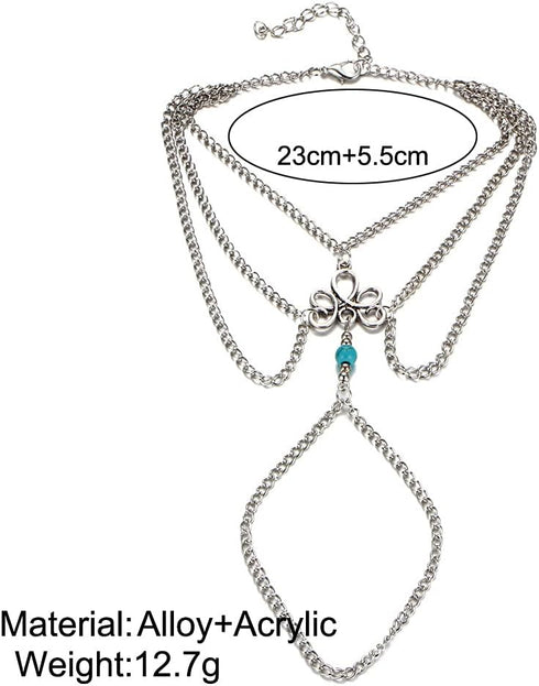 2 Pcs Bohemian Layered Anklet with Toe Ring Silver Turquoise Barefoot Sandals Summer Beach Wedding Foot Accessories Boho Toe Link Ankle Bracelet f...