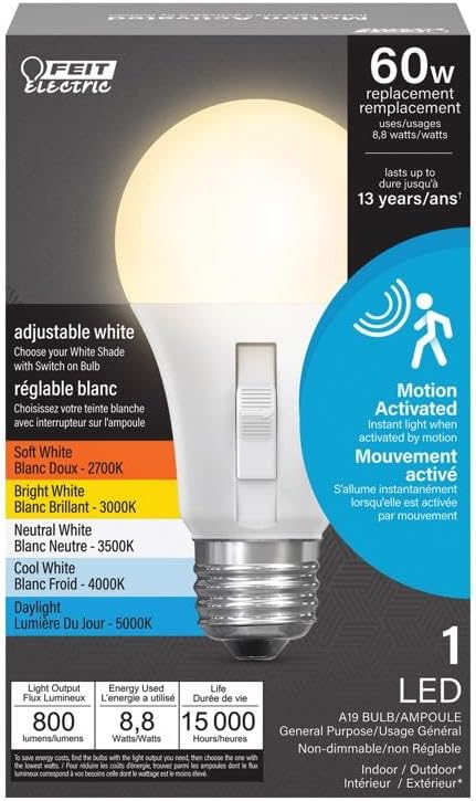 Feit Electric LED Motion Sensor Light Bulb, A19 60W Equivalent, 5CCT, Non-Dimmable, E26 Medium Base, 90 CRI, 800 Lumens, Standard Light Bulb with ...
