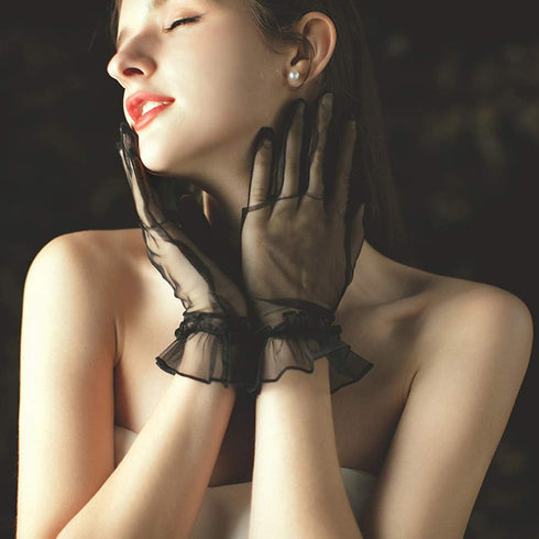 QRBTSCL Women's Ruffled Tulle Mesh Gloves Wedding Party Gloves Short Prom Evening Gloves...