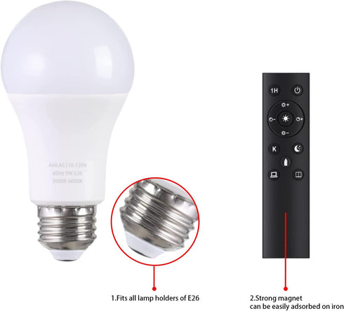 A19 LED Light Bulbs with Remote Control 1100LM 12W (80W Equivalent) LED Bulbs,Stepless Dimmable 3000K-6000K,E26 Base,CRI 80+,2.4GHz,Light Bulb for...