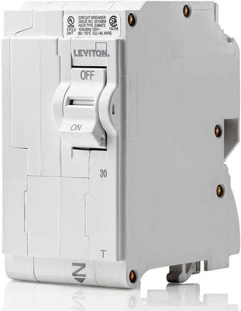 Leviton LB230-T 30A 2-Pole Plug-On Standard Branch Circuit Breaker, Thermal Magnetic, 120/240 VAC, White...