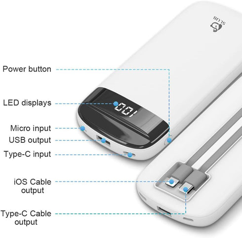 Portable Charger with Built in Cables, Portable Power Bank 10000mAh, with 2 Integrated Charging Cables, 5 Outputs, LED Display, Slim Battery Pack,...