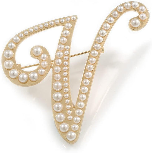 V' Large Gold Plated White Faux Pearl Letter V Alphabet Initial Brooch Personalised Jewellery Gift - 55mm Tall...