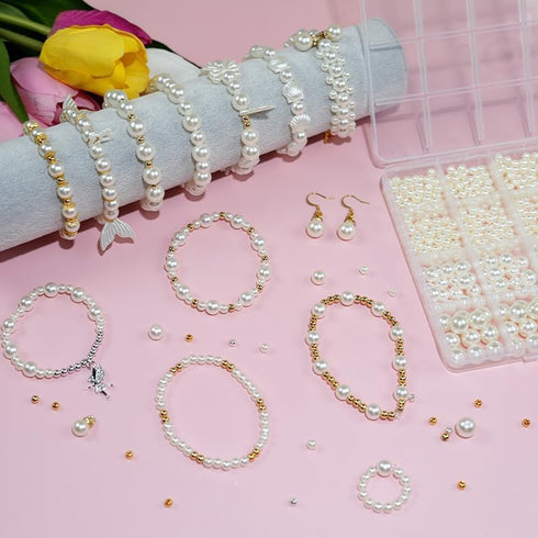 funluck Pearls Beads Kit with Hole-Jewelry Making Pearl Beads Supplies Including Gold&Sliver Beads-White Pearls for Crafting with Charms-Ideal for...