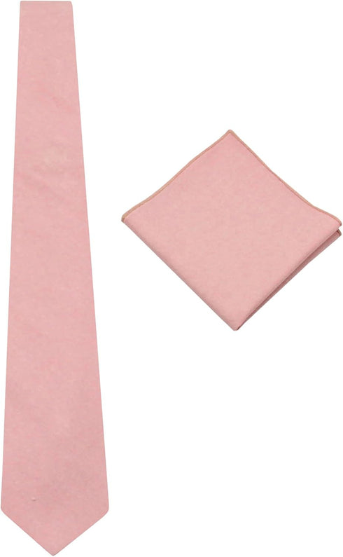Mens Solid Linen Tie Set : Slim Necktie with Matching Pocket Square (Pink)...