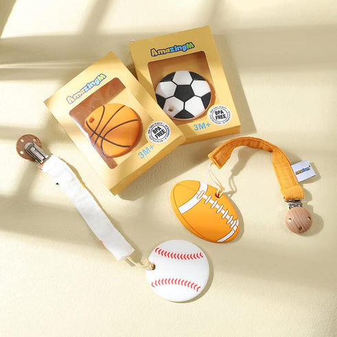 Baby Food Grade Silicone Sports Shape Teether Toy with Pacifier clip Holder,Teething Pain Relief Toys Gift Set for 3 Months+ Boys and Girls,Freeze...