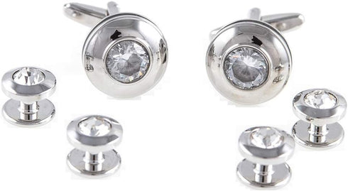 Round Crystal Elegant Tuxedo Cufflinks & Studs Set in a Presentation Gift Box & Polishing Cloth...
