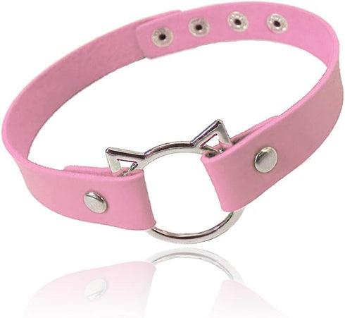 Leather Choker Necklace Collar Soft PU Cat Punk Adjustable Choker Necklace for Women, Pink...