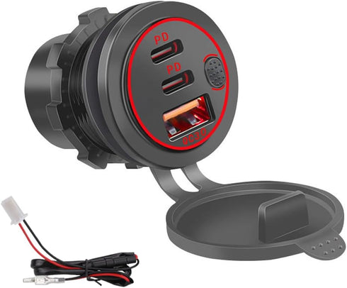 3 Ports 18W USB Car Charger with Switch, 12-24V QC 3.0 USB & Dual PD USB C Cigarette Lighter Socket Outlet, Dashboard Mount Quick Charge Charger f...