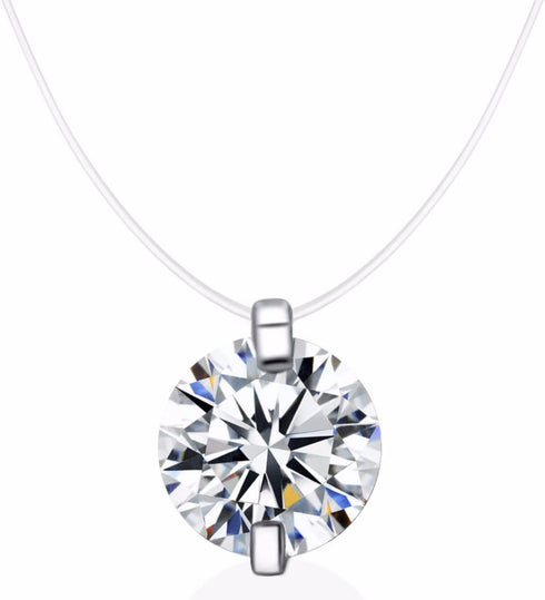 S925 Round fish line two claws Cut Clear Cubic Zirconia Pendant Necklace Silver...