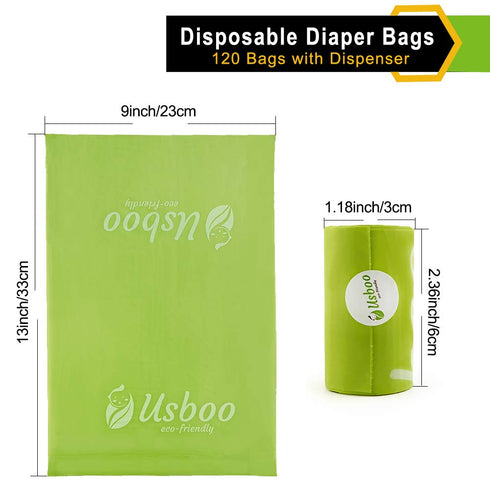 Baby Disposable Diaper Bags, Waste Bags 8 Refill Rolls/120 Bags with Dispenser, Convenient and Quick Diaper Disposal, Unscented...