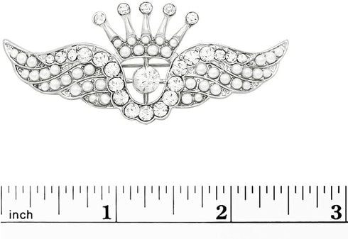 Rosemarie & Jubalee Women's Stunning Silver Tone Angel Wings with Crown Top Crystal And Simulated Pearl Brooch Lapel Pin, 1.25"...