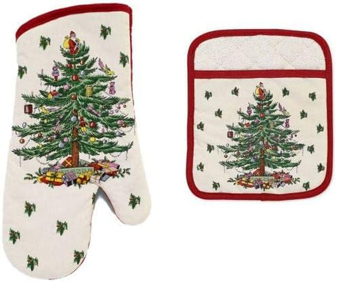 Spode Christmas Tree Oven Mitt and Pot Holder Set...